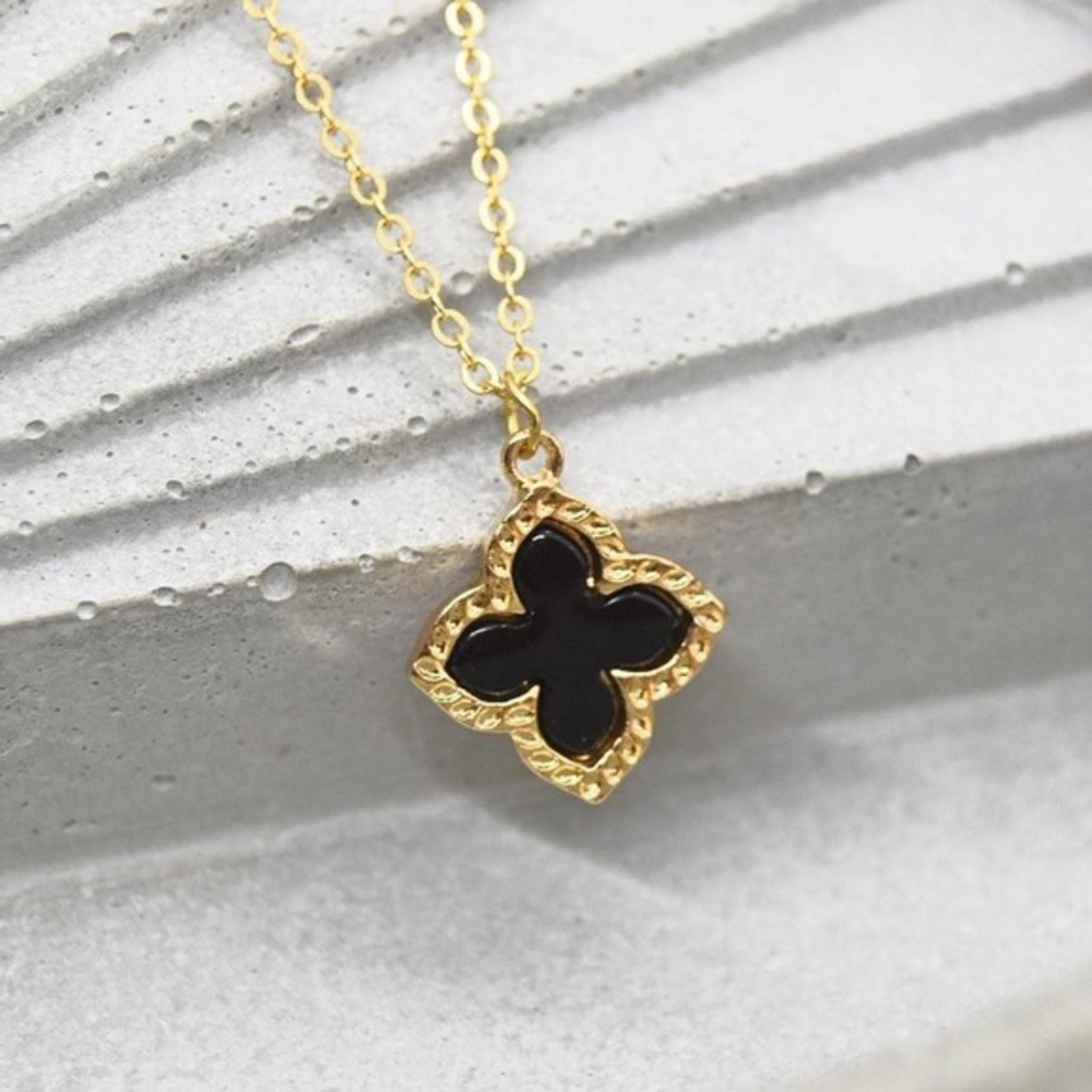 Gold Necklace with Black Clover Pendant